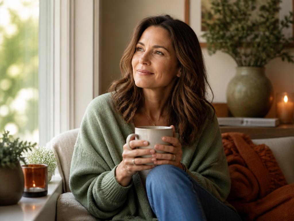 A woman sitting calmly by a window with a warm drink, reflecting peacefully